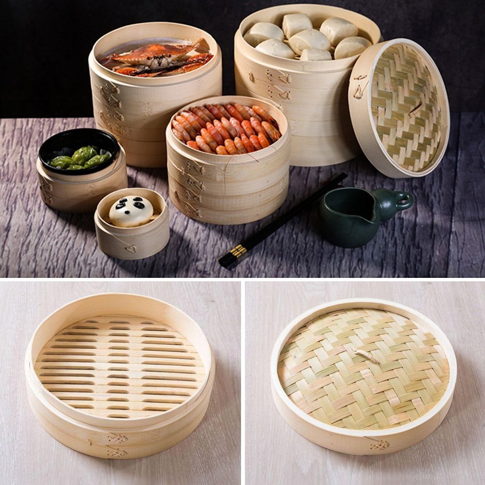 Bao Steamer Bamboo - 中国蒸し器 竹製蒸し器 蓋付き 肉まん、餃子、野菜、点心、スナックなどの調理用蒸し器バスケット